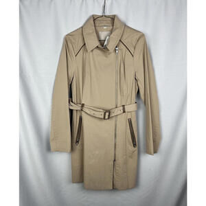 Soia & Kyo Rochelle Belted Zip Rain Coat Cotton Leather Trim Tan Size S